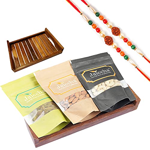 Ghasitaram Gifts Jaiccha Rakhi Gifts for Brothers Rakhi Dryfruits - Striped Wooden Tray of Cashews, Almonds and Raisins with 2 Rudraksh rakhis von Jaiccha