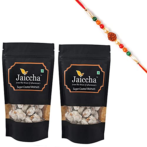 Ghasitaram Gifts Jaiccha Rakhi Gifts for Brothers Rakhi Dryfruits - Sugar Coated Walnuts 400 GMS in Black Paper Pouch with Rudraksh Rakhi Ghasitaram Gifts Jaiccha Rakhi Gifts for Brothers Rakhi Dryfruits - Sugar Coated Walnuts 400 GMS in Black Paper Pouch with Rudraksh Rakhi von Jaiccha