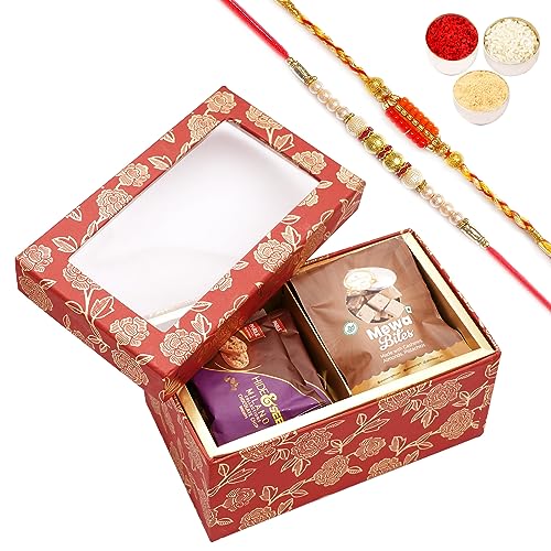 Ghasitaram Gifts Jaiccha Rakhi Gifts for Brothers - Red printed 2 Part Fancy Box with bites and cookies with 2 Rakhis von Jaiccha