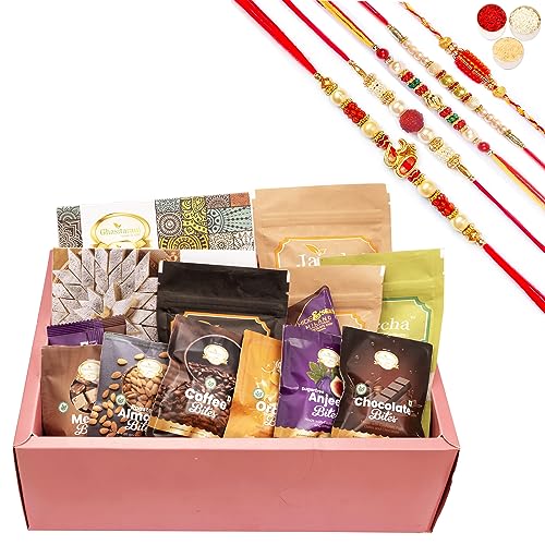 Ghasitaram Gifts Jaiccha Rakhi Gifts for Brothers - Rust Hamper Box with bites with 5 Rakhis von Jaiccha