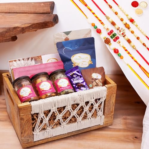 Ghasitaram Gifts Jaiccha Rakhi Gifts for Brothers Wooden Jute Rectangle Basket of 17 Goodies with 5 rakhis von Jaiccha