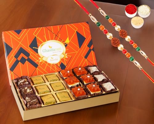 Ghasitaram Gifts Jaiccha Rakhi for Brother Assorted Bites in Designer Box 18pcs with 2 Rudraksh rakhis von Jaiccha