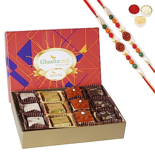 Ghasitaram Gifts Jaiccha Rakhi for Brother Assorted Bites in Premium Box 12pcs with 2 Rudraksh rakhis von Jaiccha