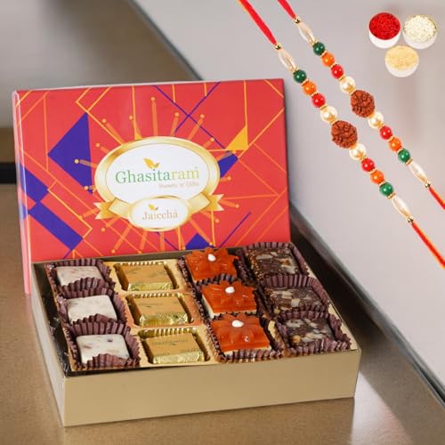 Ghasitaram Gifts Jaiccha Rakhi for Brother Assorted Bites in Premium Box 12pcs with 2 Rudraksh rakhis von Jaiccha