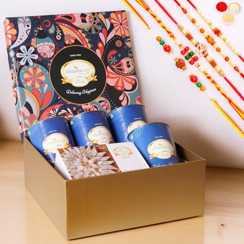 Ghasitaram Gifts Jaiccha Rakhi for Brother Ghasitaram Big Hamper box of 4 dryfruit Cans and Kaju Katli with 5 Rakhi von Jaiccha