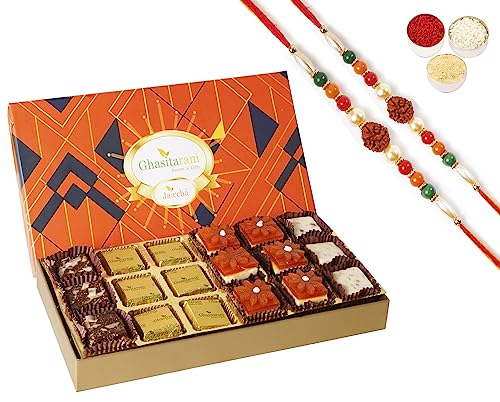Ghasitaram Gifts Jaiccha Rakhi for Brother Mewa Bites in Designer Box 18 pcs with 2 Rudraksh rakhis Ghasitaram Gifts Jaiccha Rakhi for Brother Mewa Bites in Designer Box 18 pcs with 2 Rudraksh rakhis von Jaiccha