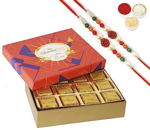 Ghasitaram Gifts Jaiccha Rakhi for Brother Mewa Bites in Premium Box 12 pcs with 2 Rudraksh rakhis von Jaiccha