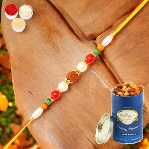 Ghasitaram Gifts Jaiccha Rakhi for Brother Rakhis Online 6155- Rudraksh Rakhi with 100 gms of Dryfruits Mix Can Ghasitaram Gifts Jaiccha Rakhi for Brother Rakhis Online 6155- Rudraksh Rakhi with 100 gms of Dryfruits Mix Can von Jaiccha