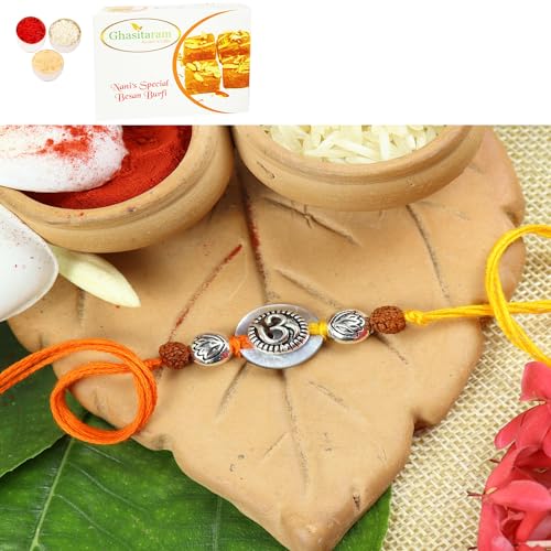Ghasitaram Gifts Jaiccha Rakhi for Brother Rakhis Online S24-006 Mrtal Om Premium rakhi with 200 gms of Besan Barfi von Jaiccha