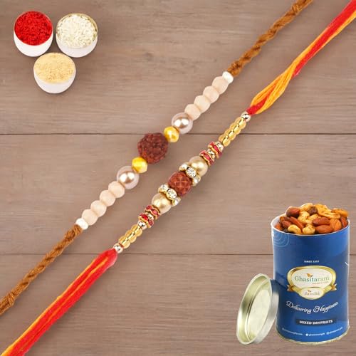 Ghasitaram Gifts Jaiccha Rakhi for Brother Rakhis Online - Set of 2-1908, Nbh-252 Rudraksh Rakhi with 100 gms of Dryfruits Mix Can Ghasitaram Gifts Jaiccha Rakhi for Brother Rakhis Online - Set of 2-1908, Nbh-252 Rudraksh Rakhi with 100 gms of Dryfruits Mix Can von Jaiccha