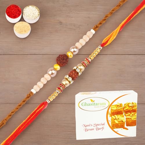 Ghasitaram Gifts Jaiccha Rakhi for Brother Rakhis Online - Set of 2-1908, Nbh-252 Rudraksh Rakhi with 200 gms of Besan Barfi Ghasitaram Gifts Jaiccha Rakhi for Brother Rakhis Online - Set of 2-1908, Nbh-252 Rudraksh Rakhi with 200 gms of Besan Barfi von Jaiccha