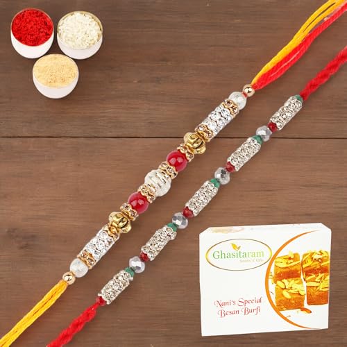 Ghasitaram Gifts Jaiccha Rakhi for Brother Rakhis Online - Set of 2-6981,7077 Fancy Thread Rakhi with 200 gms of Besan Barfi Ghasitaram Gifts Jaiccha Rakhi for Brother Rakhis Online - Set of 2-6981,7077 Fancy Thread Rakhi with 200 gms of Besan Barfi von Jaiccha