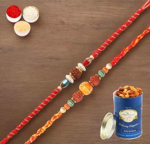 Ghasitaram Gifts Jaiccha Rakhi for Brother Rakhis Online - Set of 2-L-1 and L-3 Rudraksh Rakhi with 100 gms of Dryfruits Mix Can Ghasitaram Gifts Jaiccha Rakhi for Brother Rakhis Online - Set of 2-L-1 and L-3 Rudraksh Rakhi with 100 gms of Dryfruits Mix Can von Jaiccha