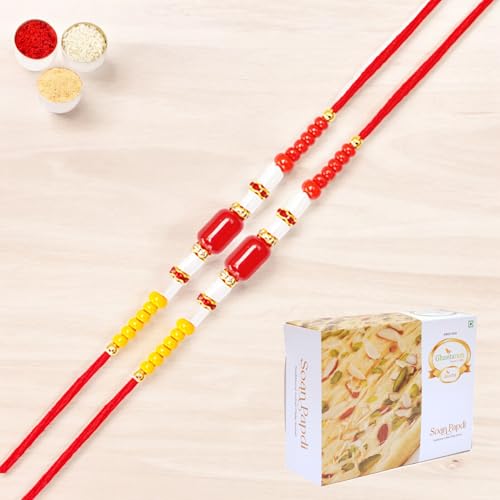 Ghasitaram Gifts Jaiccha Rakhi for Brother Rakhis Online Set of 2-N-31 Redbead Fancy Rakhi with 200 gms of Soan Papdi Ghasitaram Gifts Jaiccha Rakhi for Brother Rakhis Online Set of 2-N-31 Redbead Fancy Rakhi with 200 gms of Soan Papdi von Jaiccha