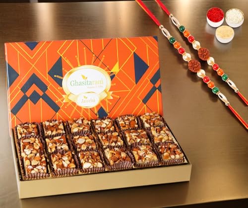 Ghasitaram Gifts Jaiccha Rakhi for Brother Sugarfree Almond Delight in Designer Box 18 pcs with 2 Rudraksh rakhis von Jaiccha