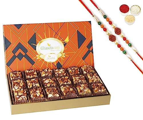 Ghasitaram Gifts Jaiccha Rakhi for Brother Sugarfree Almond Delight in Designer Box 18 pcs with 2 Rudraksh rakhis von Jaiccha