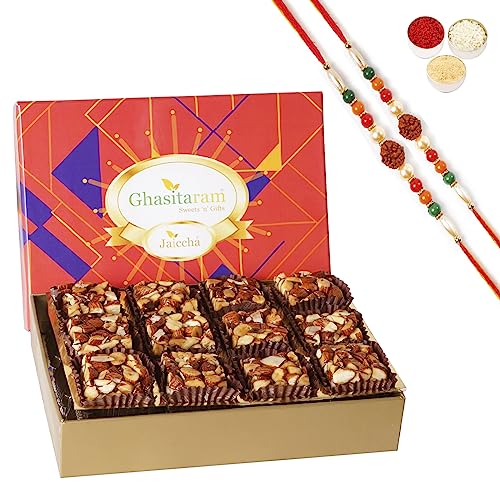 Ghasitaram Gifts Jaiccha Rakhi for Brother Sugarfree Almond Delight in Premium Box 12 pcs with 2 Rudraksh rakhis von Jaiccha