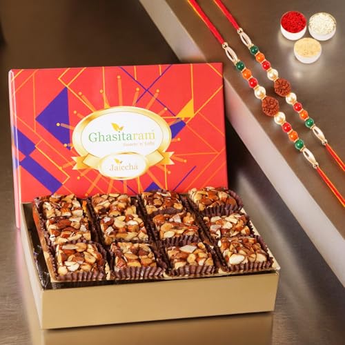 Ghasitaram Gifts Jaiccha Rakhi for Brother Sugarfree Almond Delight in Premium Box 12 pcs with 2 Rudraksh rakhis von Jaiccha