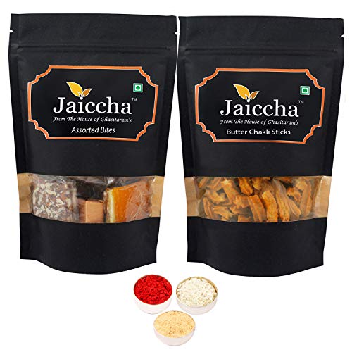 Jaiccha Ghasitaram Bhaidooj Gifts - Best of 2 Assorted Bites 200 GMS and Butter Chakli Sticks 100 GMS Pouch von Jaiccha
