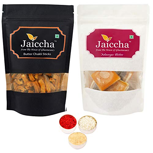 Jaiccha Ghasitaram Bhaidooj Gifts - Best of 2 Mango Bites 200 GMS and Butter Chakli Sticks 100 GMS Pouch Jaiccha Ghasitaram Bhaidooj Gifts - Best of 2 Mango Bites 200 GMS and Butter Chakli Sticks 100 GMS Pouch von Jaiccha