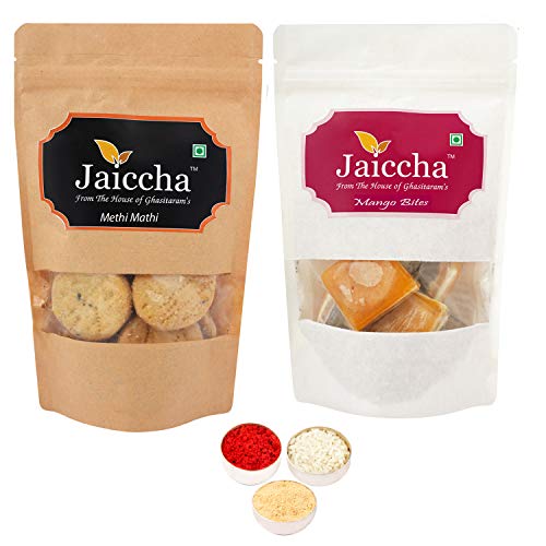 Jaiccha Ghasitaram Bhaidooj Gifts - Best of 2 Mango Bites 200 GMS and Methi Mathi 150 GMS Pouch von Jaiccha