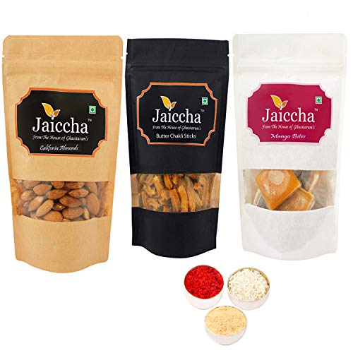Jaiccha Ghasitaram Bhaidooj Gifts - Best of 3 Mango Bites 200 GMS, Butter Chakli Sticks 100 GMS Pouch and Almonds 100 GMS Pouch von Jaiccha