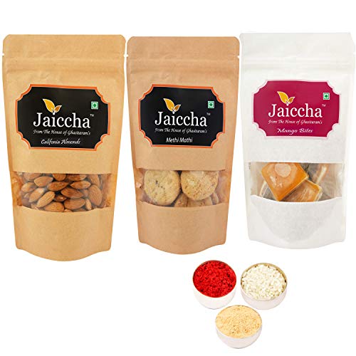 Jaiccha Ghasitaram Bhaidooj Gifts - Best of 3 Mango Bites 200 GMS , Methi Mathi 150 GMS Pouch and Almonds 100 GMS Pouch von Jaiccha