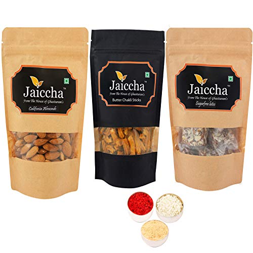 Jaiccha Ghasitaram Bhaidooj Gifts - Best of 3 Suagrfree Bites 200 GMS, Butter Chakli Sticks 100 GMS Pouch and Almonds 100 GMS Pouch von Jaiccha