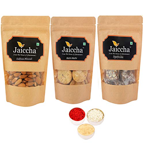 Jaiccha Ghasitaram Bhaidooj Gifts - Best of 3 Suagrfree Bites 200 GMS, Methi Mathi 150 GMS Pouch and Almonds 100 GMS Pouch von Jaiccha