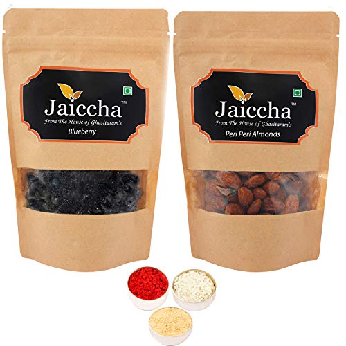 Jaiccha Ghasitaram Bhaidooj Gifts - Blueberry 100 GMS and Peri Peri Almonds 100 GMS Pouch von Jaiccha