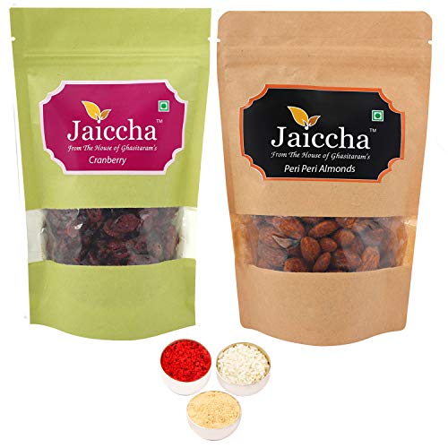 Jaiccha Ghasitaram Bhaidooj Gifts - Cranberry 100 GMS and Peri Peri Almonds 100 GMS Pouch von Jaiccha