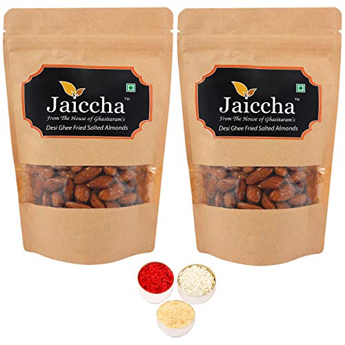 Jaiccha Ghasitaram Bhaidooj Gifts - Desi Ghee Fried Salted Almonds 400 GMS in Brown Paper Pouch von Jaiccha