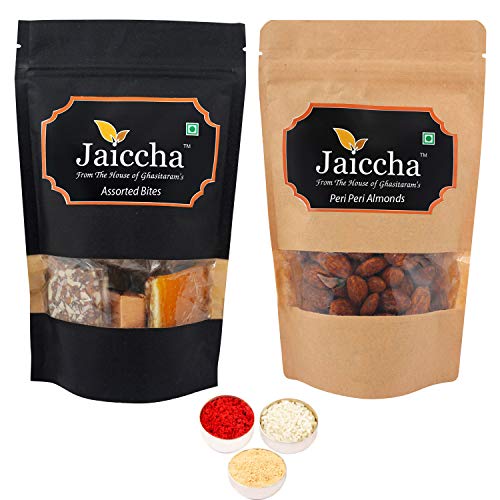 Jaiccha Ghasitaram Bhaidooj Gifts - Pack of 2 Assorted Bites and Peri Peri Almonds Pouches Small 200 GMS von Jaiccha