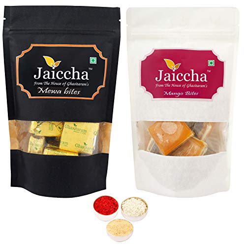 Jaiccha Ghasitaram Bhaidooj Gifts - Pack of 2 MEWA Bites and Mango Bites Pouches Big 400 GMS Jaiccha Ghasitaram Bhaidooj Gifts - Pack of 2 MEWA Bites and Mango Bites Pouches Big 400 GMS von Jaiccha