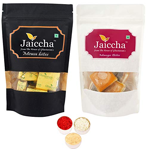 Jaiccha Ghasitaram Bhaidooj Gifts - Pack of 2 MEWA Bites and Mango Bites Pouches Small 200 GMS von Jaiccha