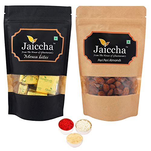 Jaiccha Ghasitaram Bhaidooj Gifts - Pack of 2 MEWA Bites and Peri Peri Almonds Pouches Small 200 GMS von Jaiccha