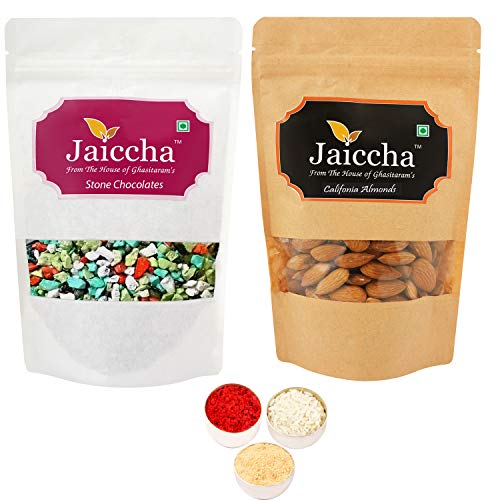 Jaiccha Ghasitaram Bhaidooj Gifts - Pack of 2 Stone Chocolate and Almond Pouches Small 200 GMS Jaiccha Ghasitaram Bhaidooj Gifts - Pack of 2 Stone Chocolate and Almond Pouches Small 200 GMS von Jaiccha