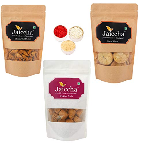 Jaiccha Ghasitaram Bhaidooj Gifts - Pack of 3 Methi Mathi, Shakkar Pada and Mini Katli Namkeen Jaiccha Ghasitaram Bhaidooj Gifts - Pack of 3 Methi Mathi, Shakkar Pada and Mini Katli Namkeen von Jaiccha