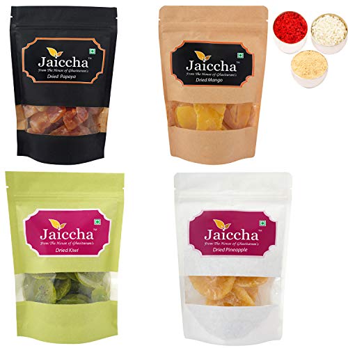 Jaiccha Ghasitaram Bhaidooj Gifts - Pack of 4 Dried Kiwi, Pineapple, Papaya, Mango Pouches Small 400 GMS Jaiccha Ghasitaram Bhaidooj Gifts - Pack of 4 Dried Kiwi, Pineapple, Papaya, Mango Pouches Small 400 GMS von Jaiccha