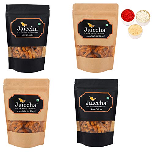 Jaiccha Ghasitaram Bhaidooj Gifts - Pack of 4 Masala Butter Chakli and SOYA Sticks Pouches Jaiccha Ghasitaram Bhaidooj Gifts - Pack of 4 Masala Butter Chakli and SOYA Sticks Pouches von Jaiccha