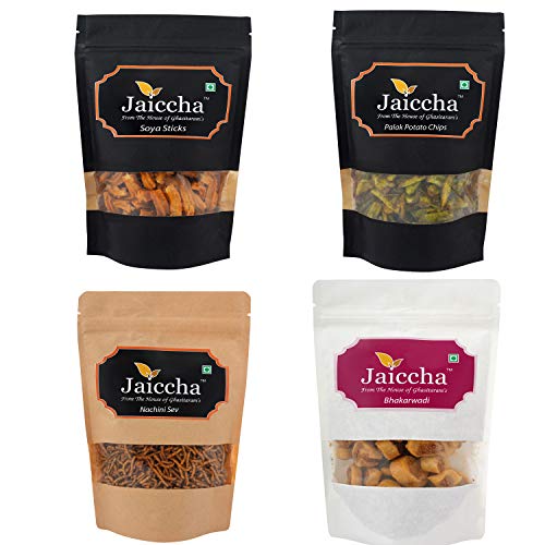 Jaiccha Ghasitaram Bhaidooj Gifts - Pack of 4 Nachini Sev, Bhakar Wadi, Palak Potato Chips and SOYA Sticks Jaiccha Ghasitaram Bhaidooj Gifts - Pack of 4 Nachini Sev, Bhakar Wadi, Palak Potato Chips and SOYA Sticks von Jaiccha