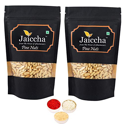Jaiccha Ghasitaram Bhaidooj Gifts - Pine Nuts Without Shell (Chilgoza) 400 GMS in Black Paper Pouch von Jaiccha