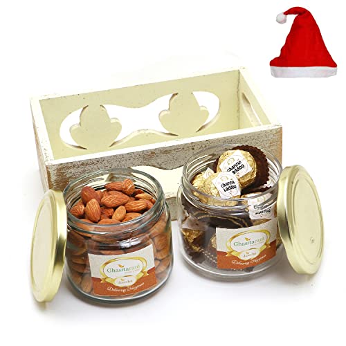 Jaiccha Ghasitaram Christmas Gifts White Wooden Tray of 2 Jars of Channa Laddoo and Almonds Jaiccha Ghasitaram Christmas Gifts White Wooden Tray of 2 Jars of Channa Laddoo and Almonds von Jaiccha