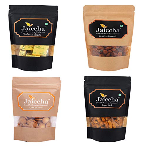 Jaiccha Ghasitaram Diwali Gift - Best of 4 MEWA Bites Pouch,Coin Biscuits; SOYA Sticks Pouch; Peri Peri Almonds Pouch von Jaiccha