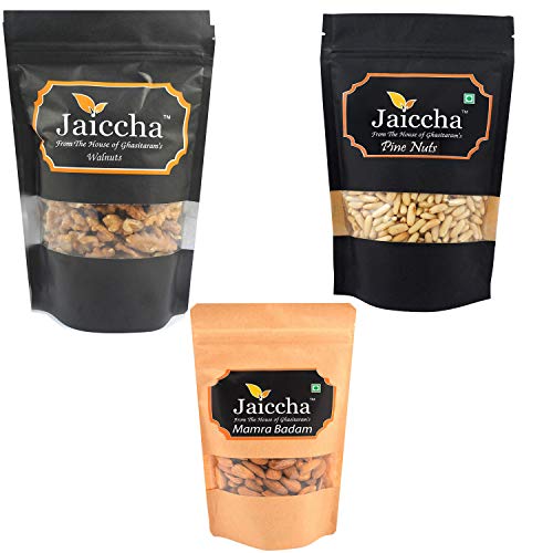 Jaiccha Ghasitaram Diwali Gifts Pack of 3 Premium Dryfruits Pinenuts, Mamro almonds and Walnuts von Jaiccha