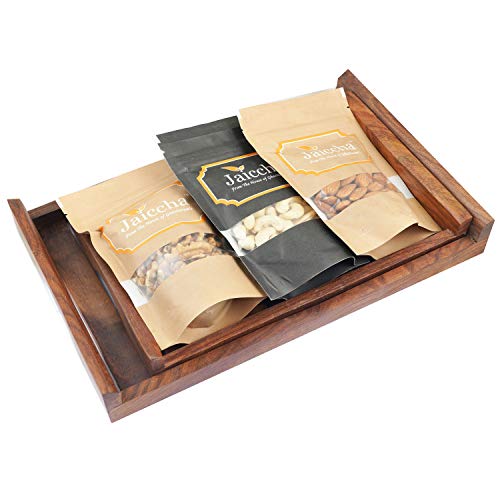 Jaiccha Ghasitaram Diwali Gifts Set of 2 Striped Wooden Trays of Cashews, Almonds and Walnuts von Jaiccha