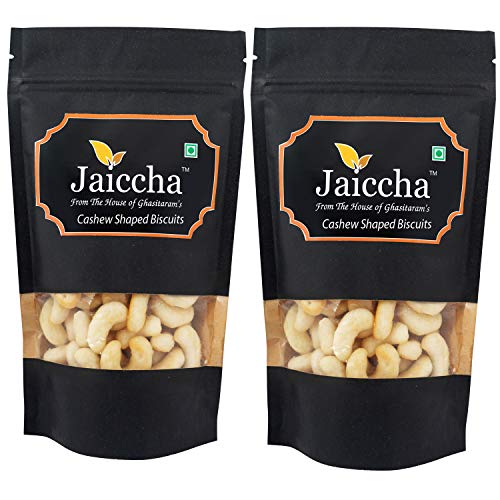 Jaiccha Ghasitaram Namkeen - Pack of 2 Tea Time Cashew Shaped Biscuits 100 GMS in Black Paper Pouch Jaiccha Ghasitaram Namkeen - Pack of 2 Tea Time Cashew Shaped Biscuits 100 GMS in Black Paper Pouch von Jaiccha