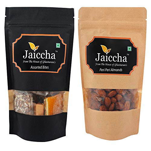 Jaiccha Ghasitaram Pack of 2 Assorted Bites and Peri Peri Almonds Pouches 200 GMS von Jaiccha