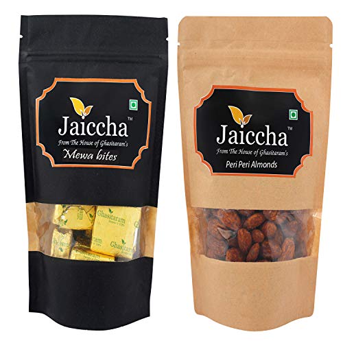 Jaiccha Ghasitaram Pack of 2 MEWA Bites and Peri Peri Almonds Pouches 200 GMS von Jaiccha