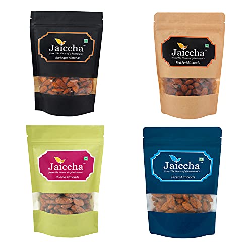 Jaiccha Ghasitaram Pack of 4 Pizza, Peri Peri, Pudina, Barbeque Almonds Pouches 400 GMS von Jaiccha